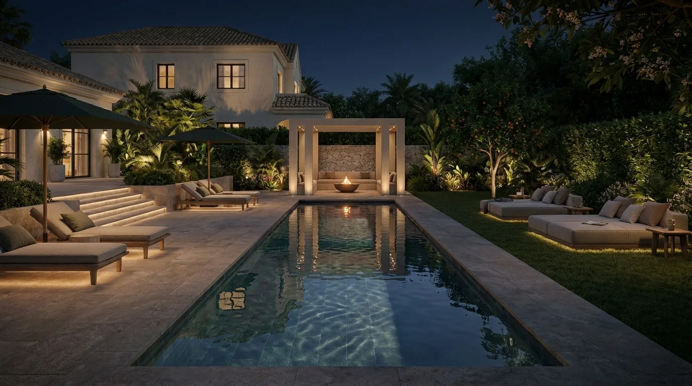 Jardín con piscina y vivienda iluminada durante la noche