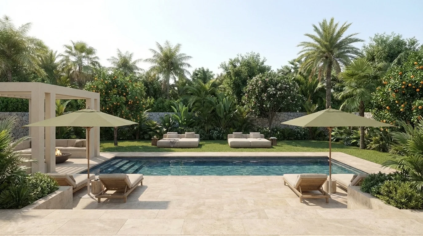Vista general diurna de jardín piscina y vivienda en Marbella
