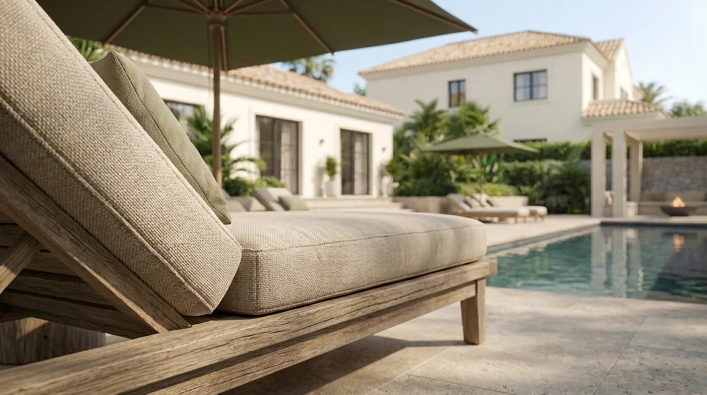 Detalle de tumbona junto a la piscina y la vivienda