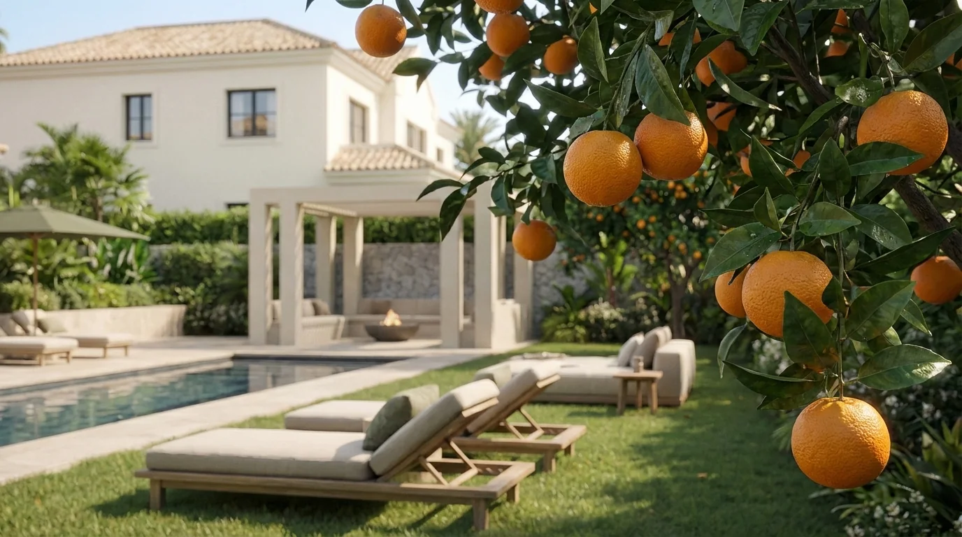 Jardín con naranjo tumbonas y piscina frente a la vivienda