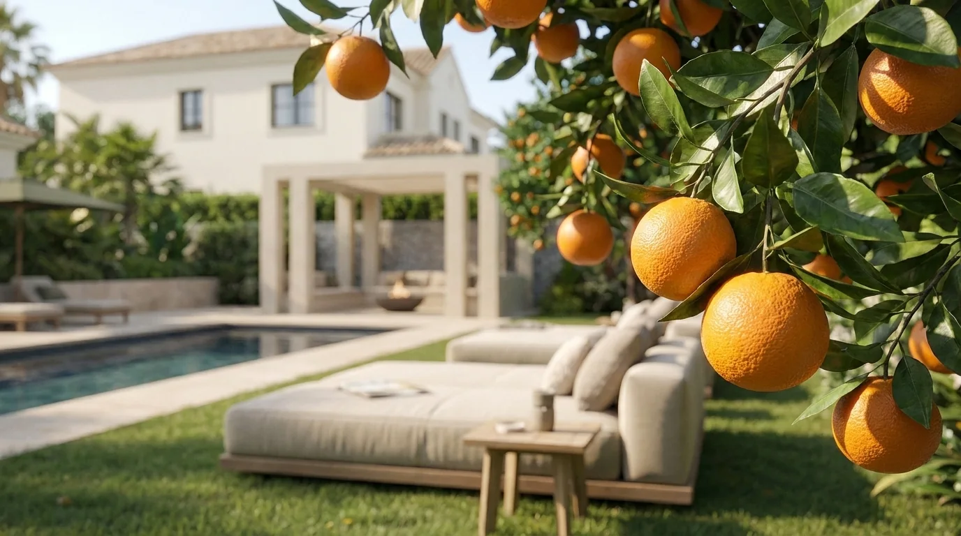 Primer plano de naranjas con la piscina desenfocada al fondo