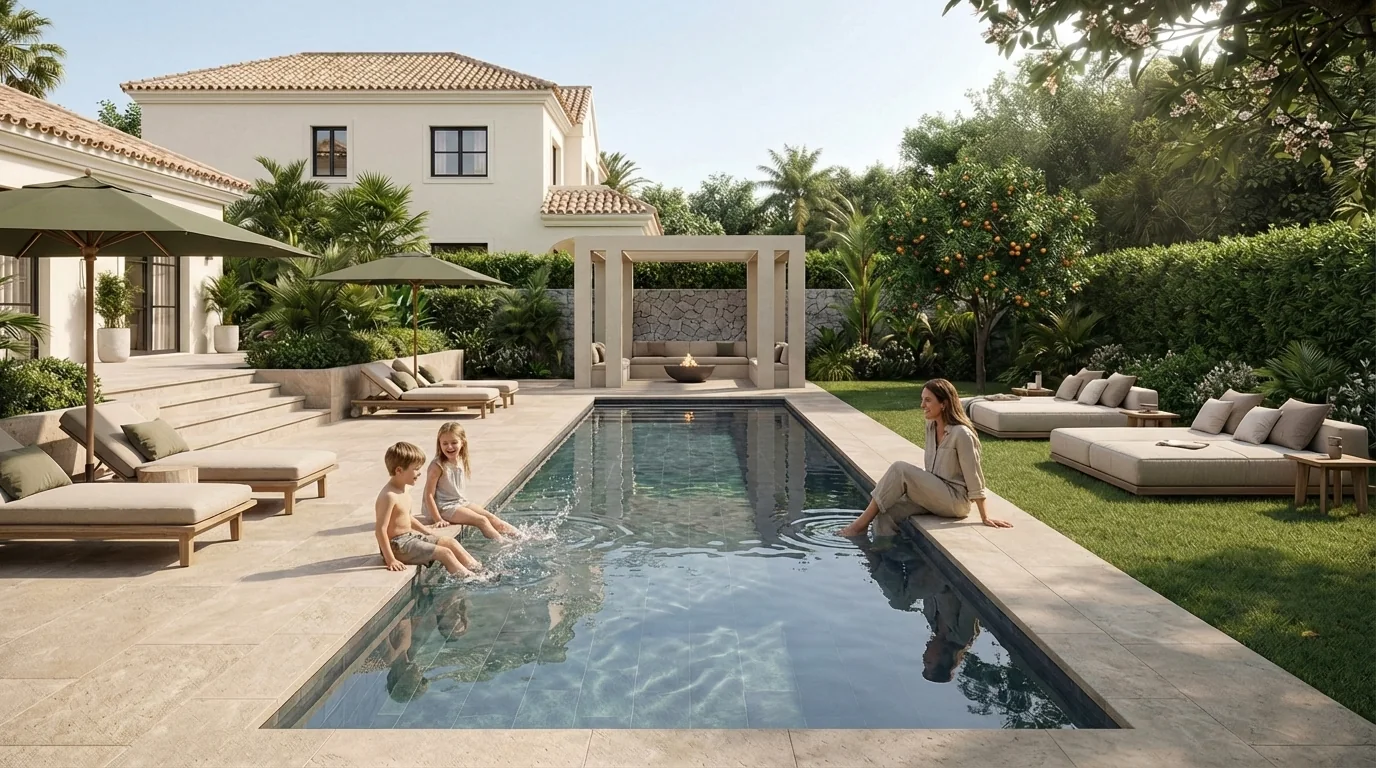 Personas utilizando la piscina en el jardín de una vivienda