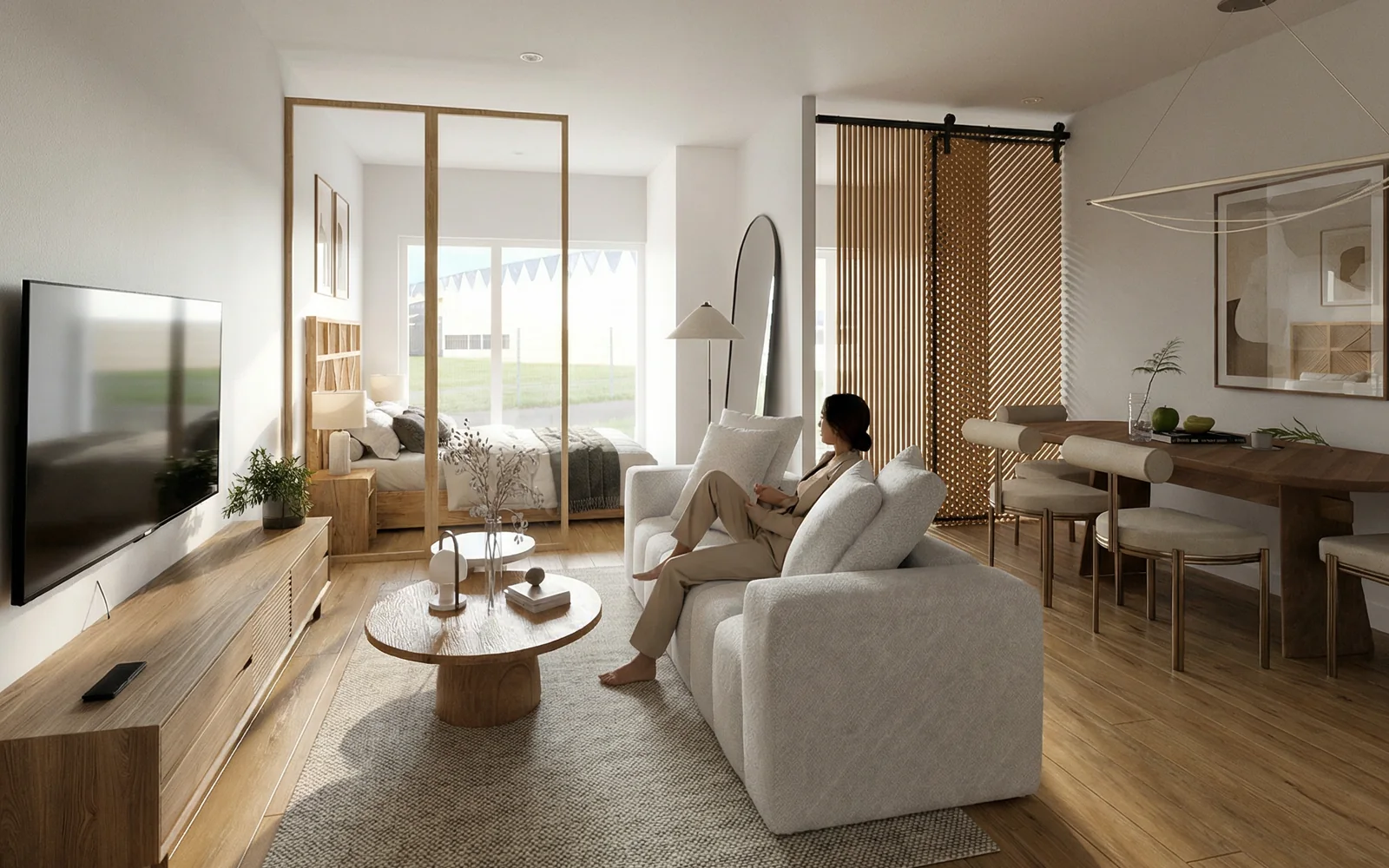 Salón y comedor de un apartamento residencial en tonos cálidos
