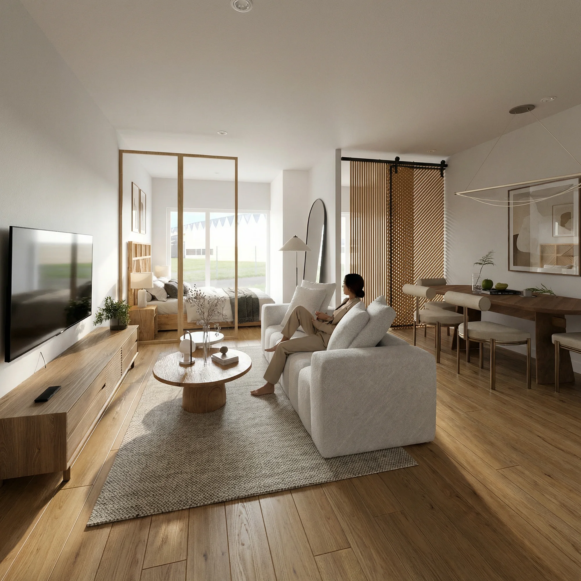 Salón y comedor de un apartamento residencial en tonos cálidos