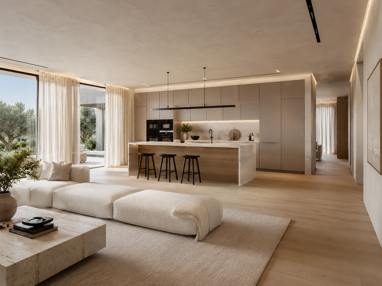 Salón abierto conectado con la cocina en una vivienda de tonos naturales