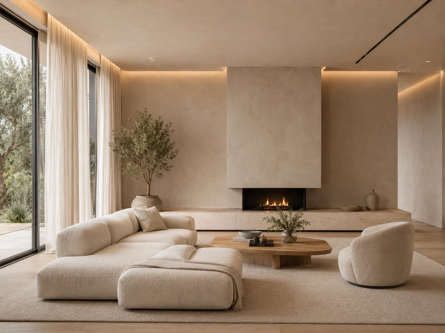 Salón luminoso con sofá curvo y chimenea de acabado continuo