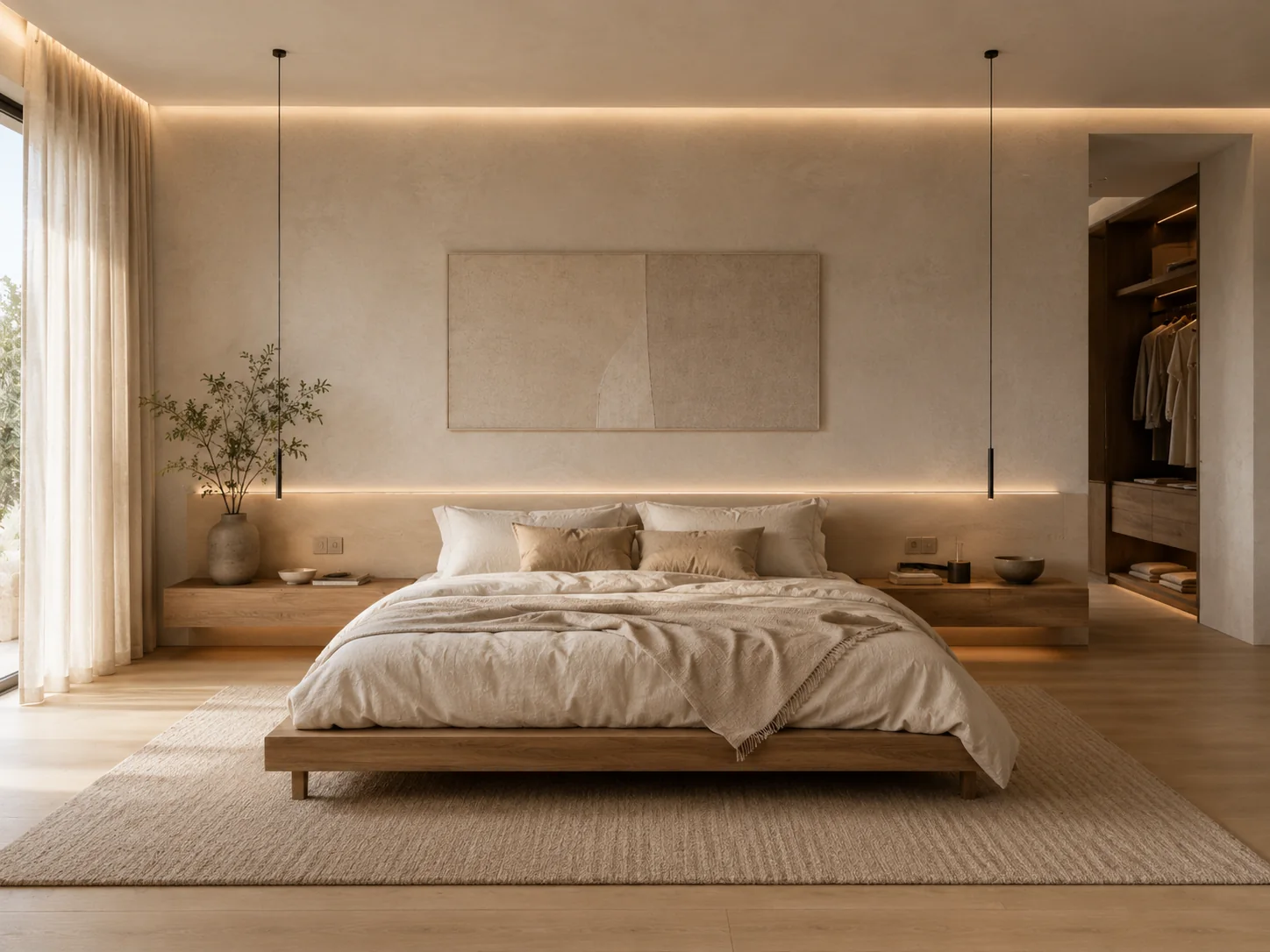 Dormitorio de tonos cálidos con cama baja y luz indirecta