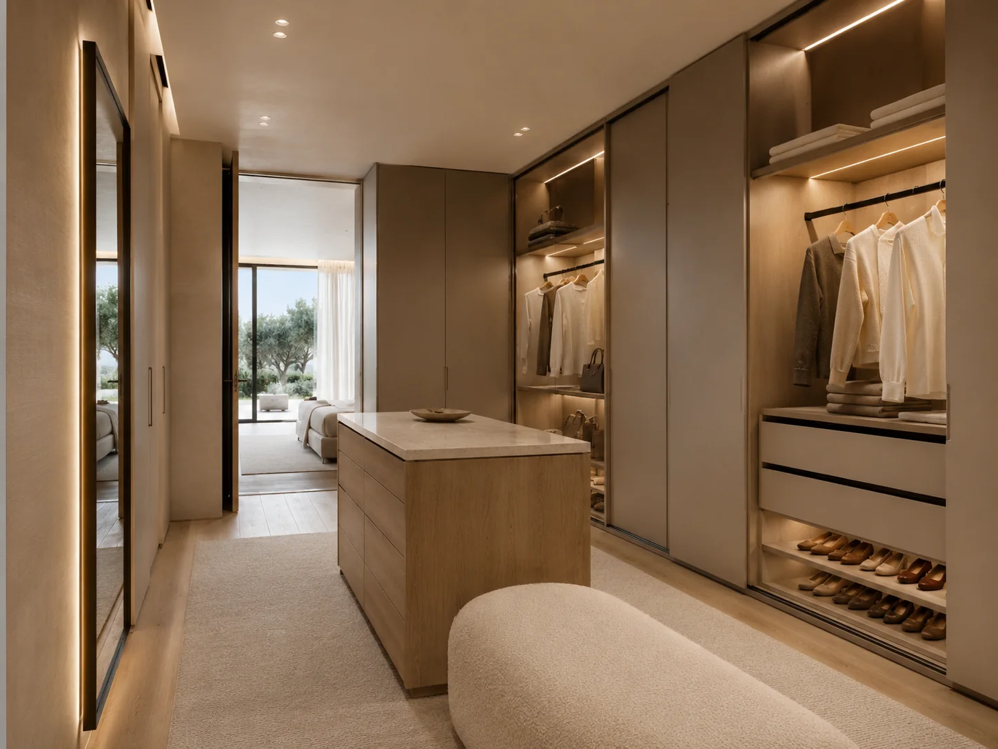 Vestidor abierto con isla central de madera clara