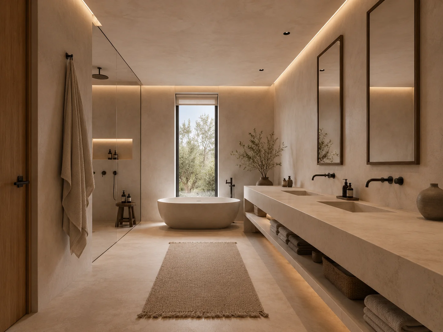 Baño principal con bañera exenta y mueble de lavabo continuo