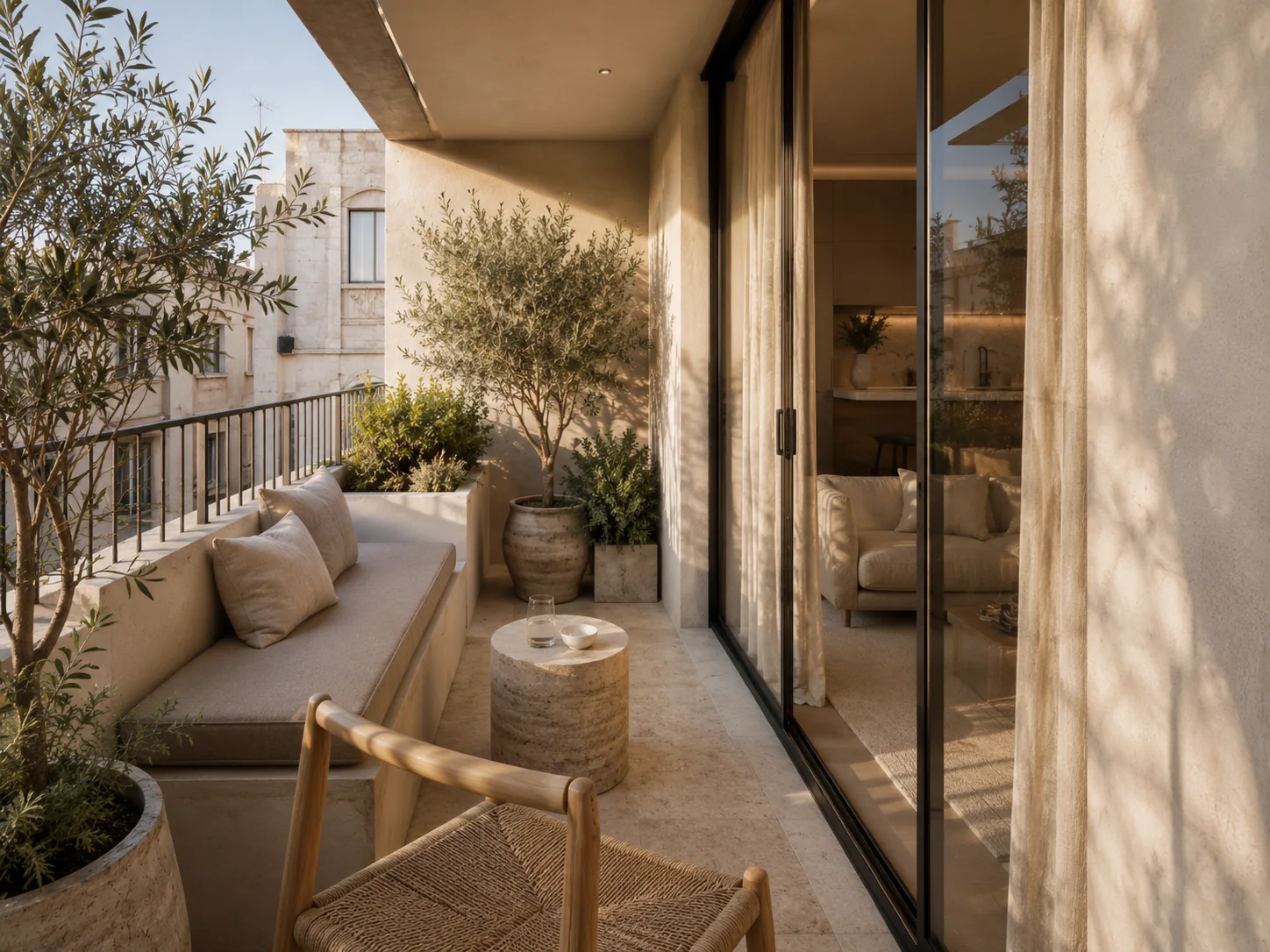 Terraza estrecha con vegetación y zona de asiento junto al dormitorio