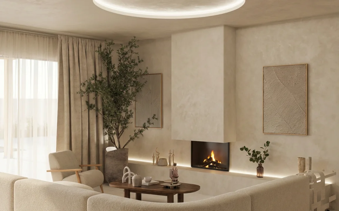 Salón de tonos neutros con chimenea y luminaria circular en el techo