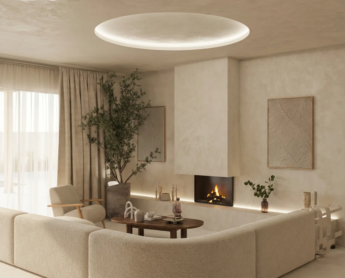 Salón de tonos neutros con chimenea y luminaria circular en el techo