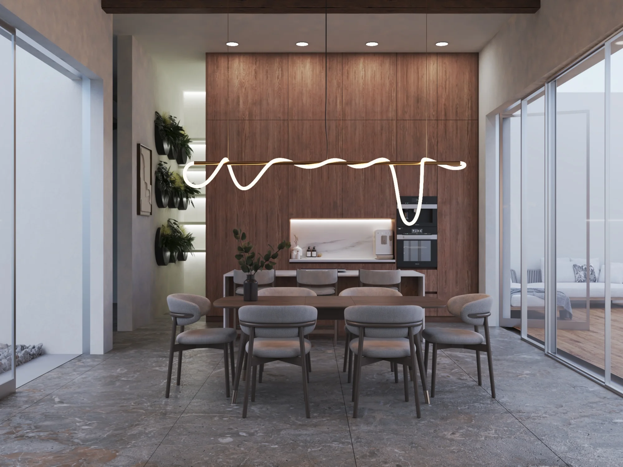 Comedor y cocina enmarcados por vigas de madera