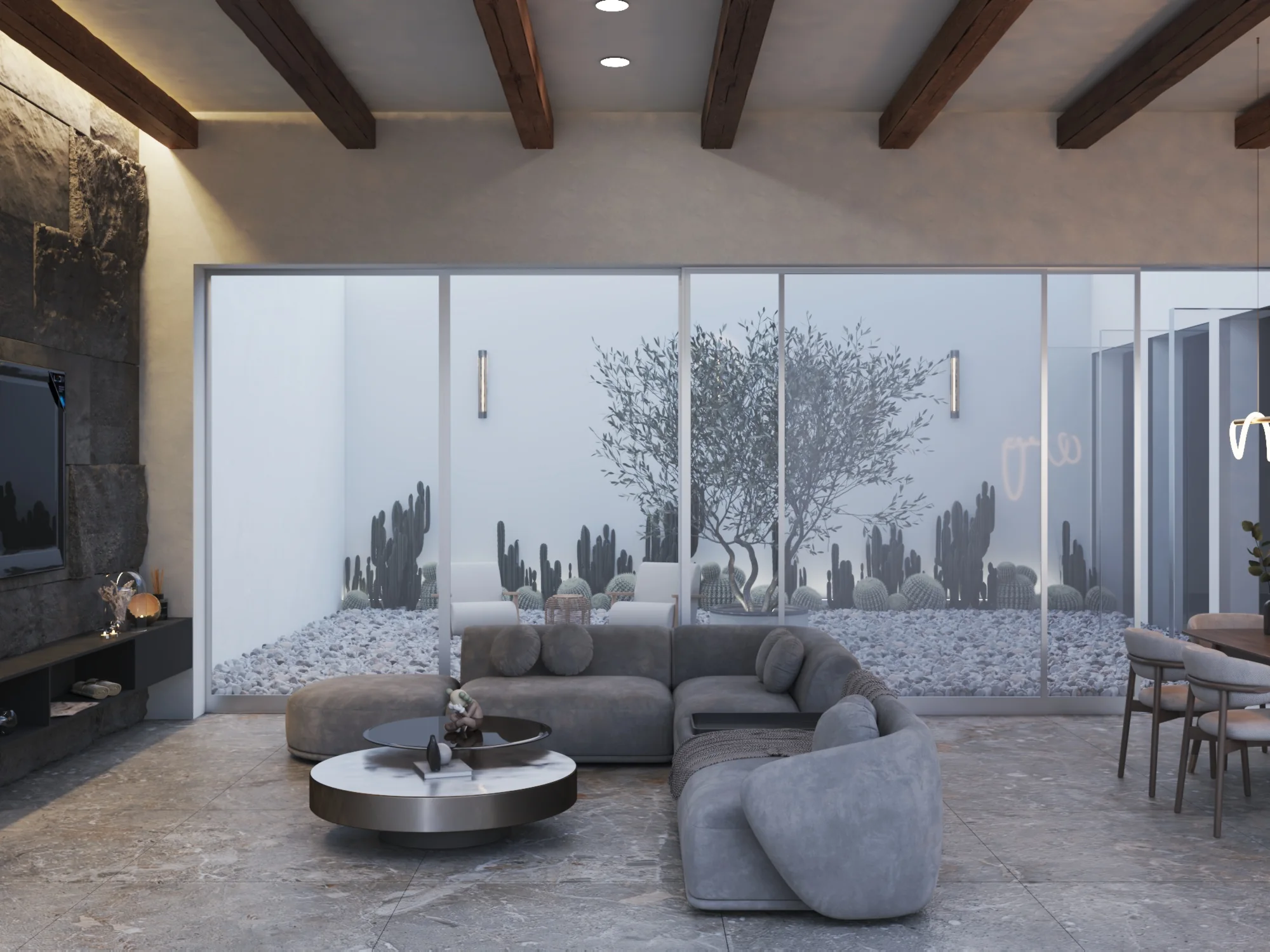 Salón de tonos grises visto junto al patio interior