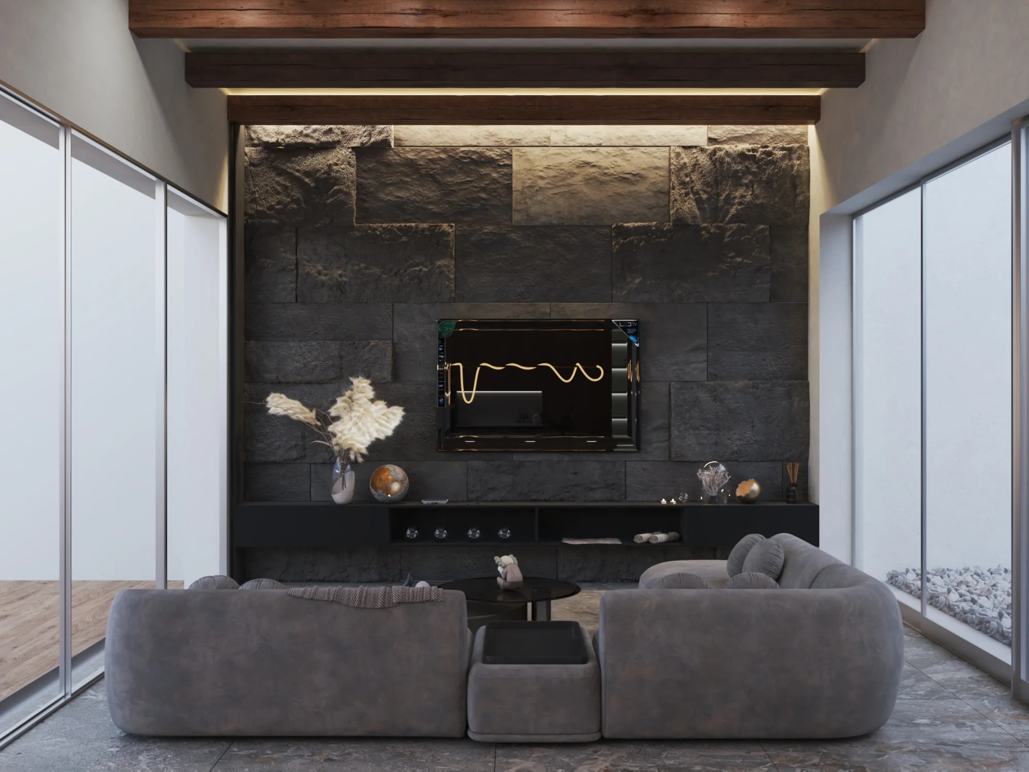 Frente de piedra oscura con chimenea y mueble bajo