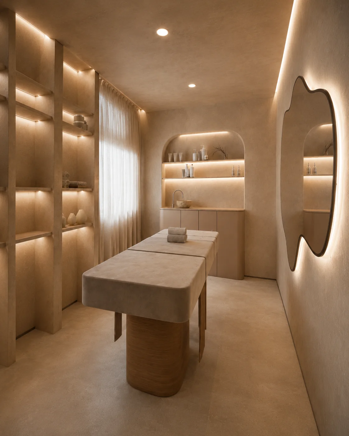 Perspectiva vertical de cabina con estanterías y espejo retroiluminado