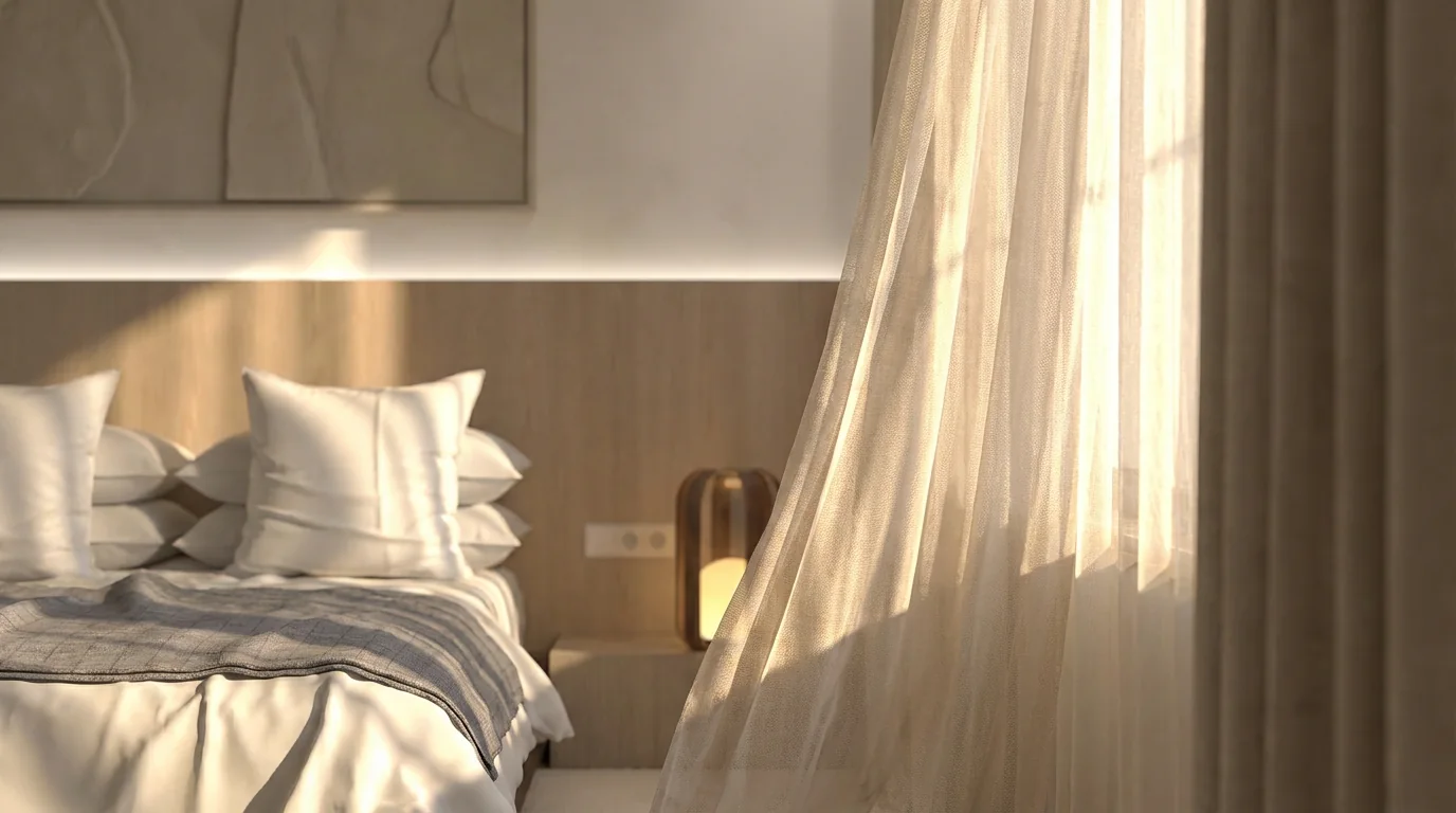 Dormitorio iluminado por el sol a través de una cortina ligera