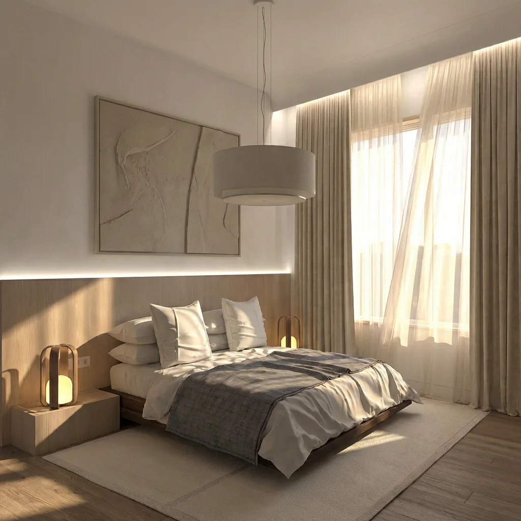 Vista general de dormitorio con cama baja y cortinas perimetrales