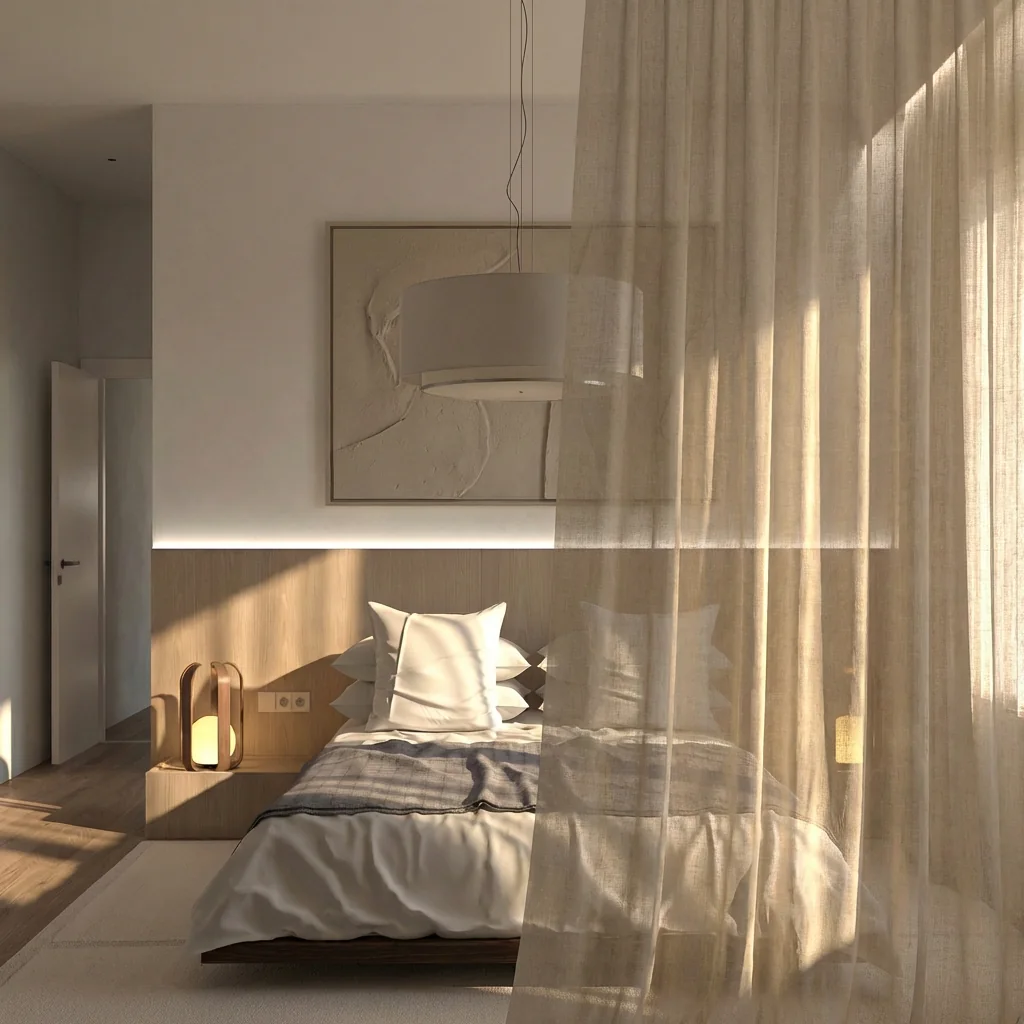 Cama vista a través de una cortina translúcida
