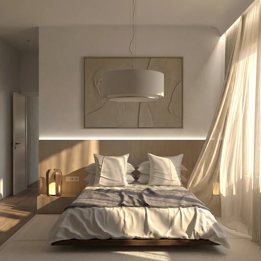Composición frontal de dormitorio con cabecero de madera y luz indirecta