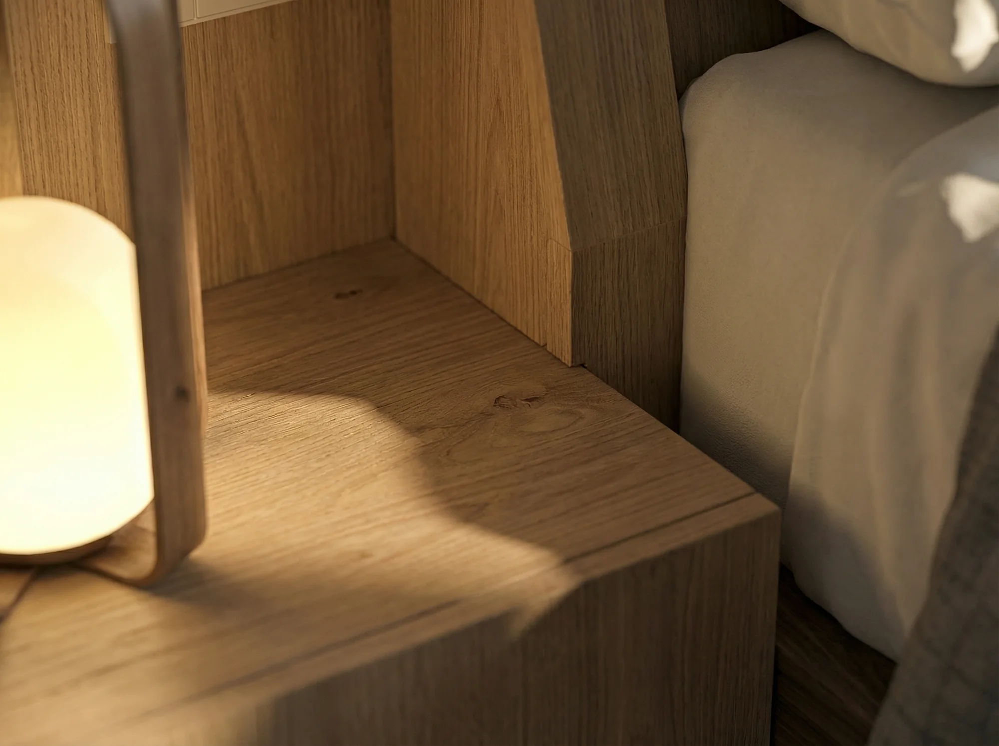 Detalle de mesilla integrada en el cabecero de madera