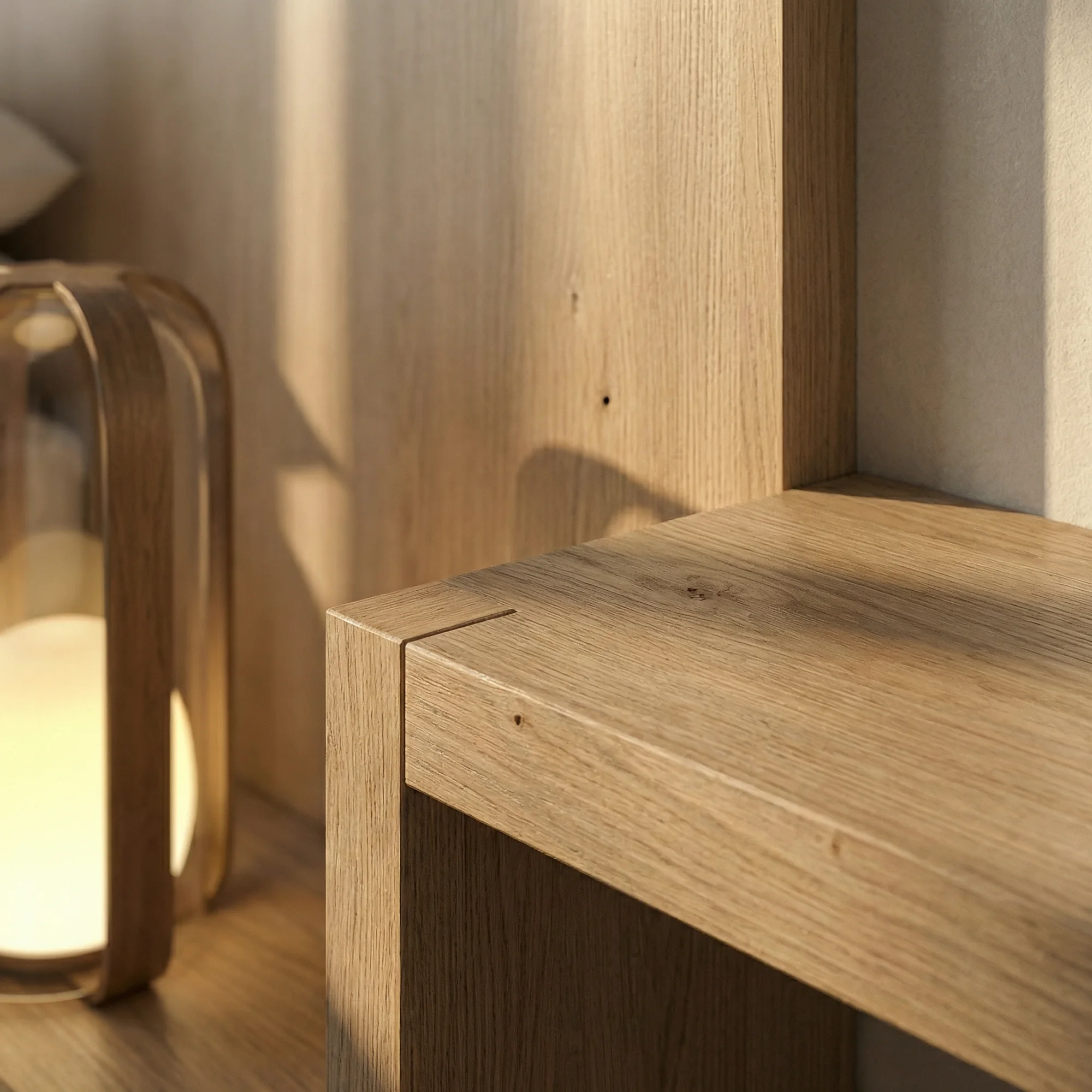 Detalle de madera y lámpara de sobremesa junto a la cama