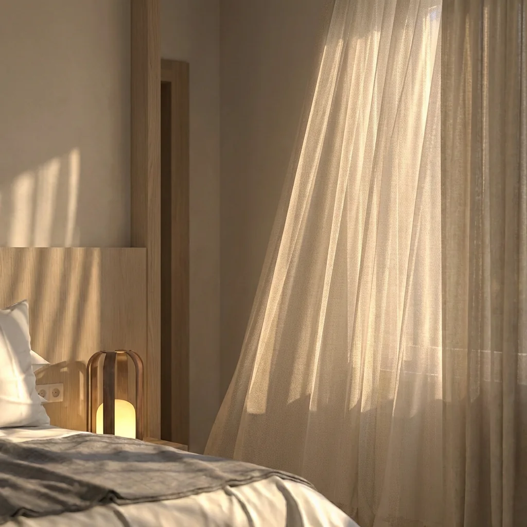 Luz proyectada sobre una cortina y el lateral de la cama