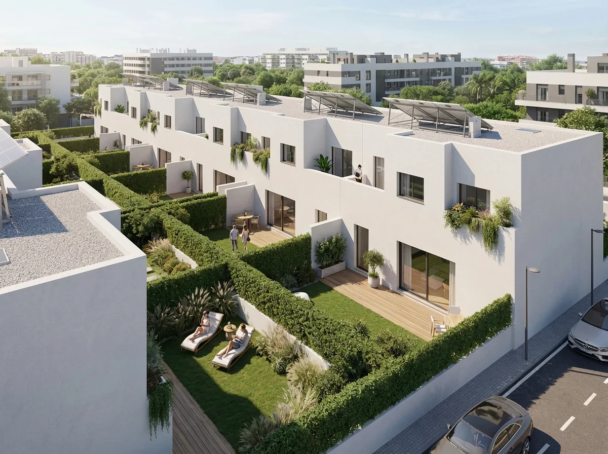Vista aérea de una promoción de viviendas blancas con jardines privados en Alicante