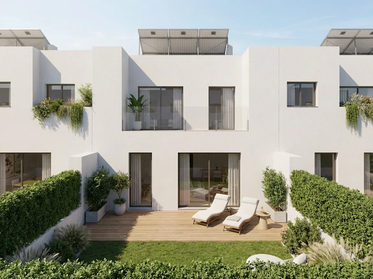 Fachada posterior de una vivienda con jardín privado y vegetación