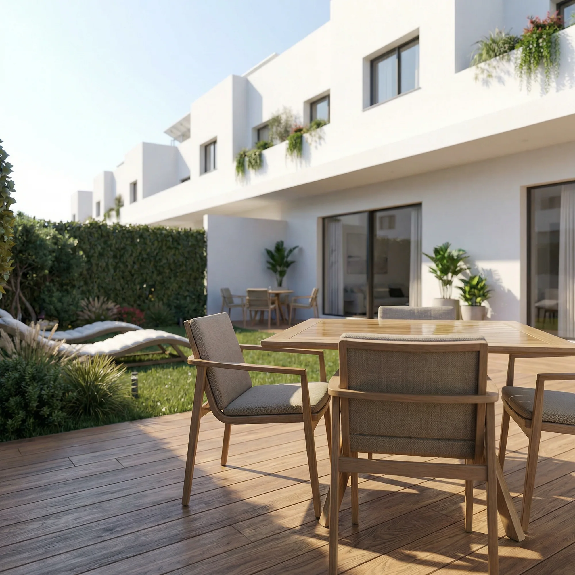 Terraza de madera con mesa exterior frente al jardín de la vivienda