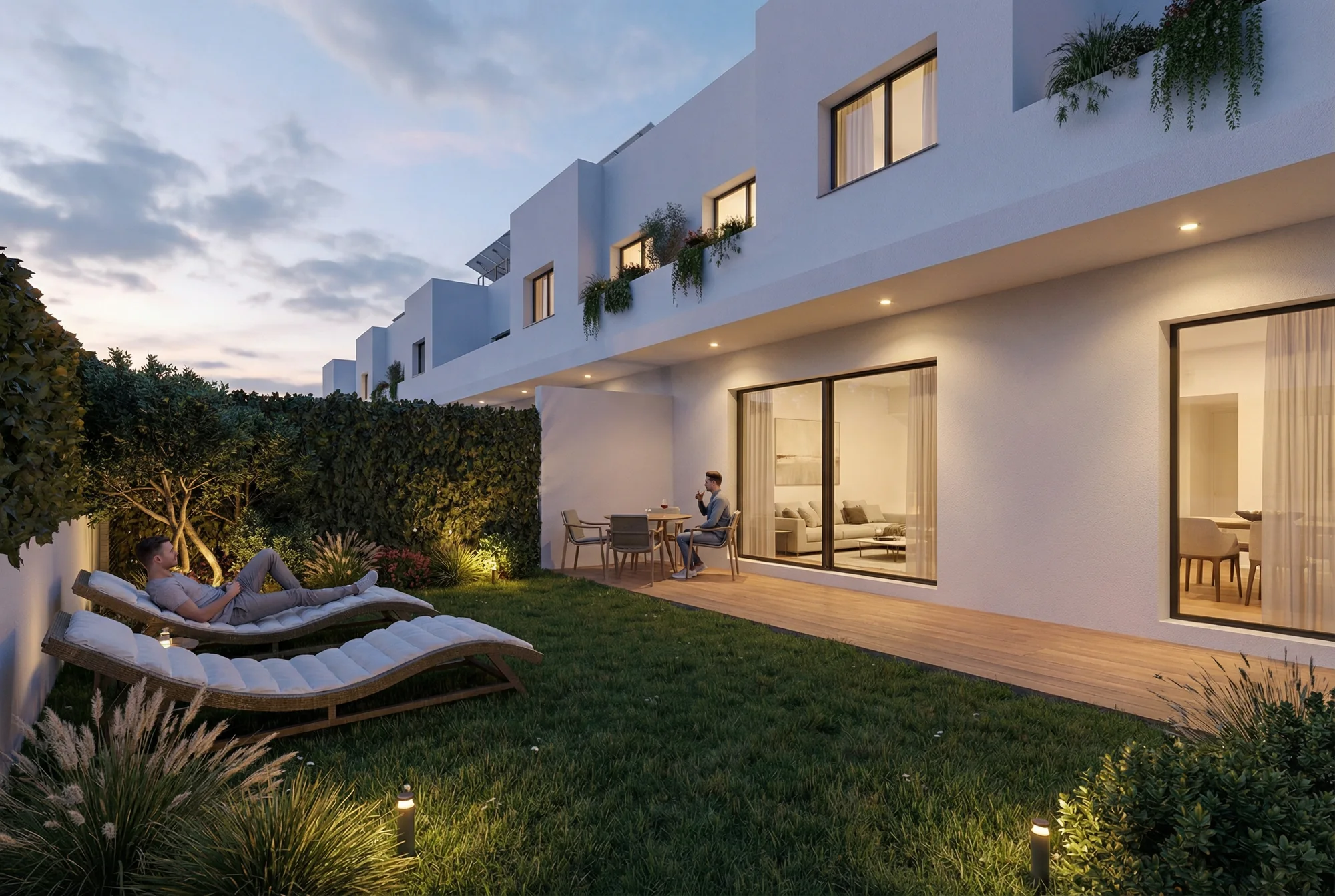 Jardín privado y fachada iluminada de una vivienda al atardecer