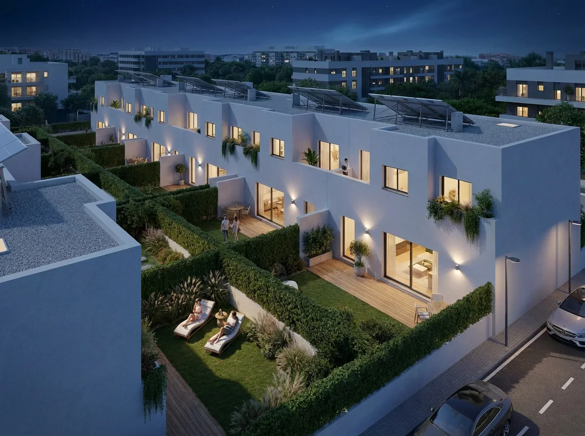 Vista aérea nocturna de la promoción con jardines y viviendas iluminadas