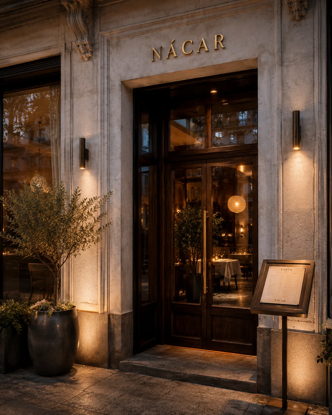 Detalle vertical de la entrada iluminada del restaurante