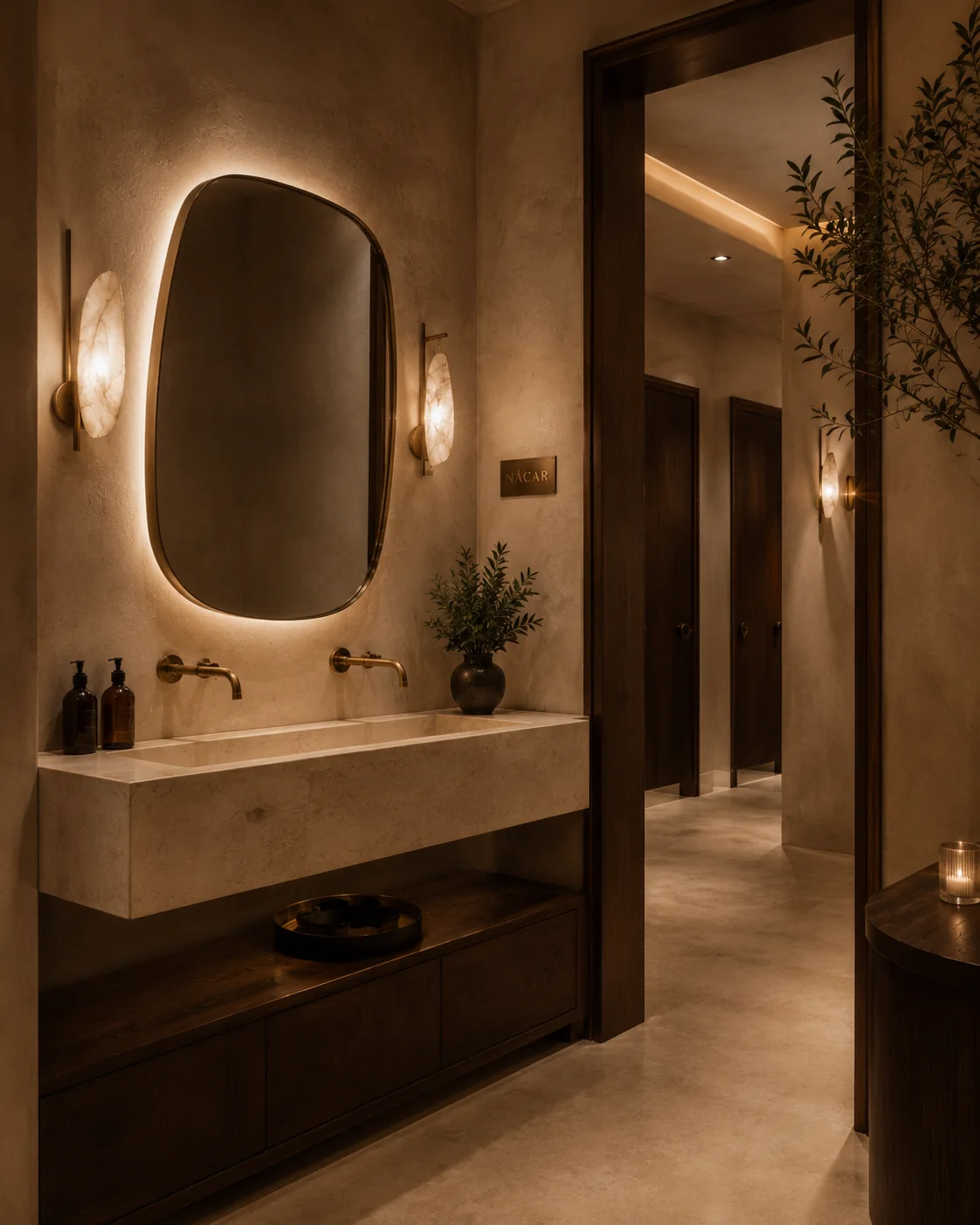 Lavabo con espejo orgánico y luz cálida