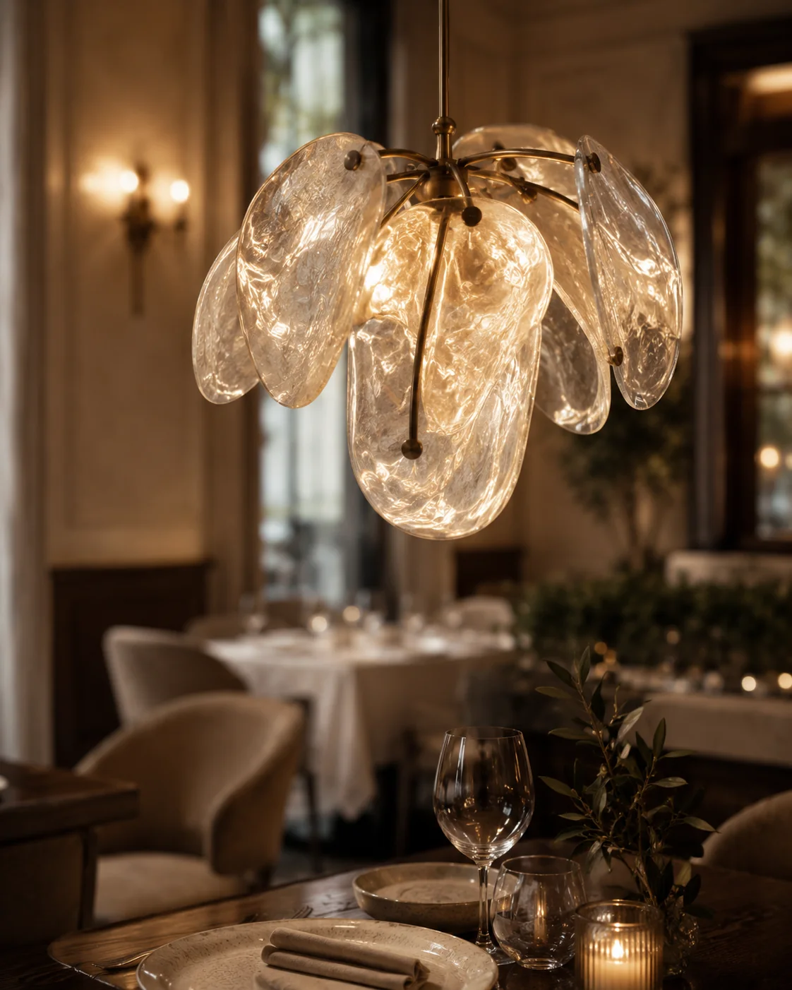 Detalle de una lámpara de vidrio sobre las mesas del restaurante