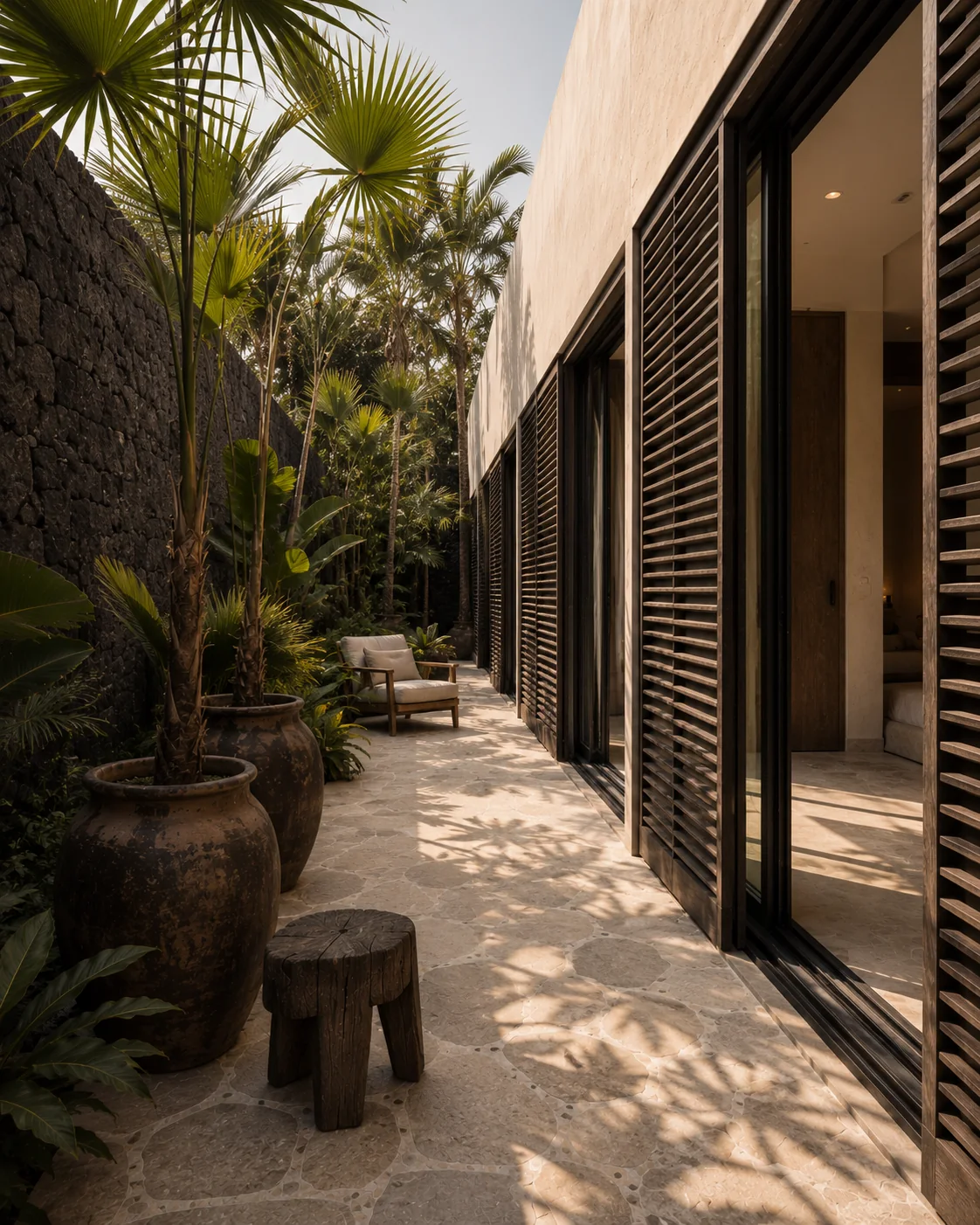 Paso exterior junto a grandes puertas de lamas y vegetación tropical