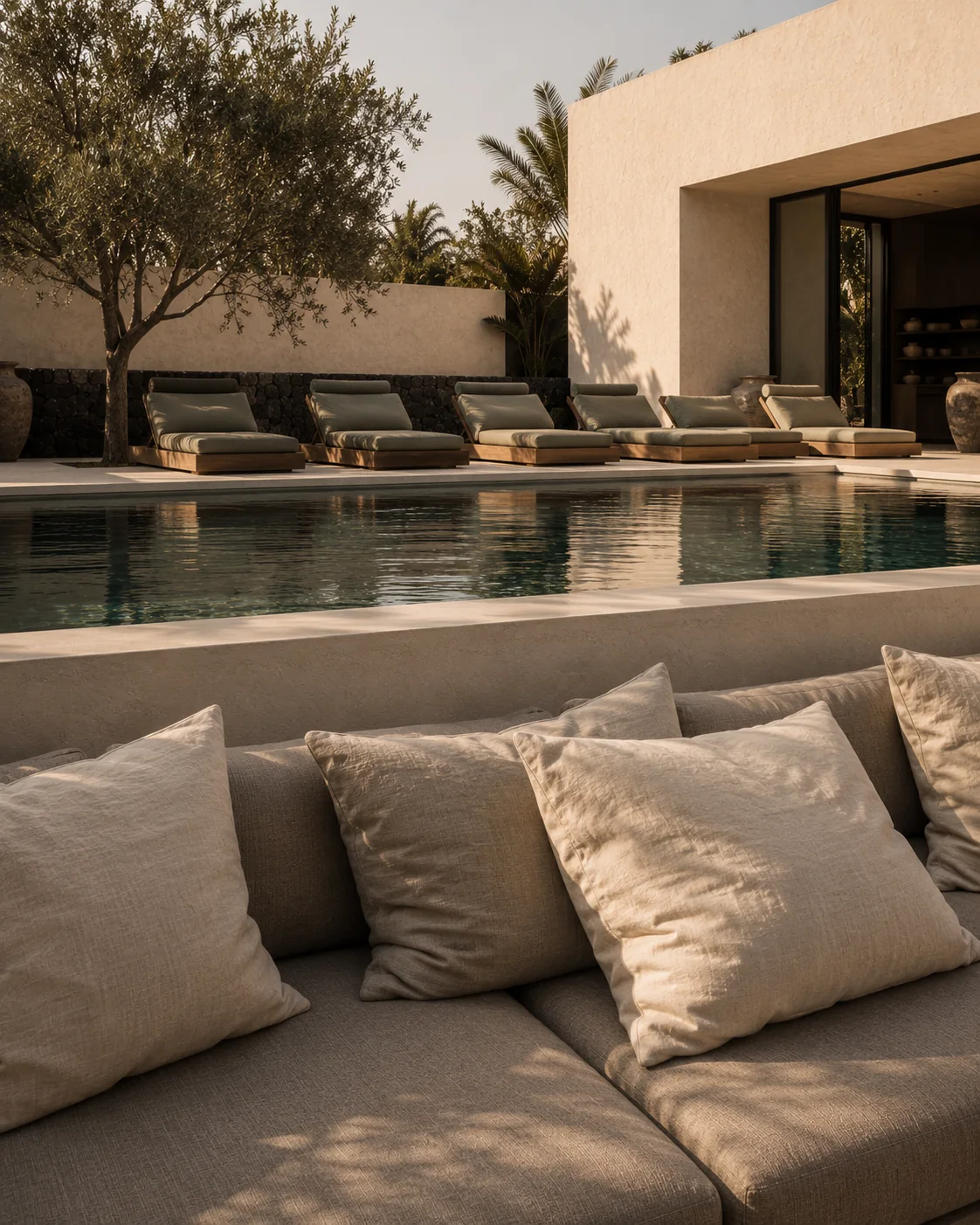Zona de descanso junto a una piscina en un patio mediterráneo