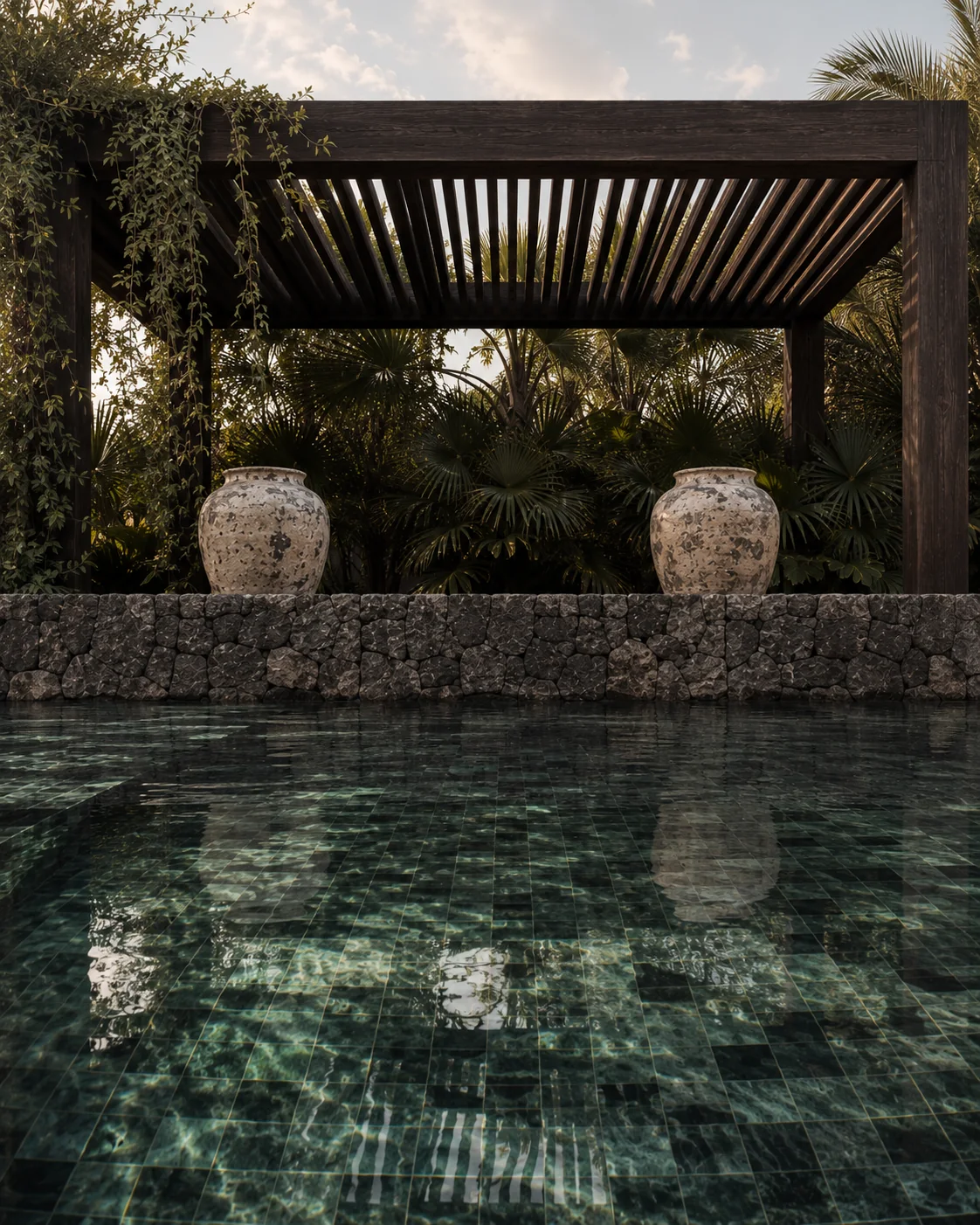 Piscina oscura bajo una pérgola rodeada de vegetación